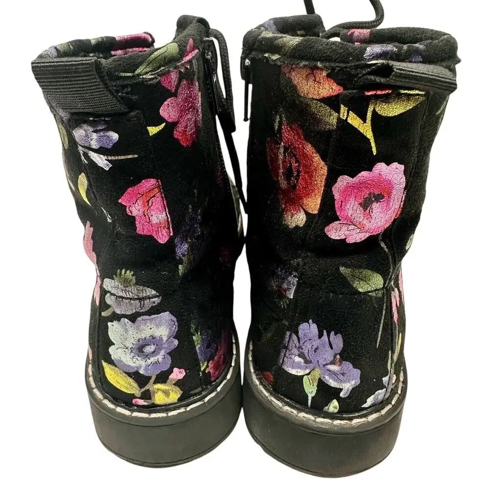 Steve Madden Betty Black Pink‎ Floral Soft Velvet Lace Up Combat Boots Girls 4
